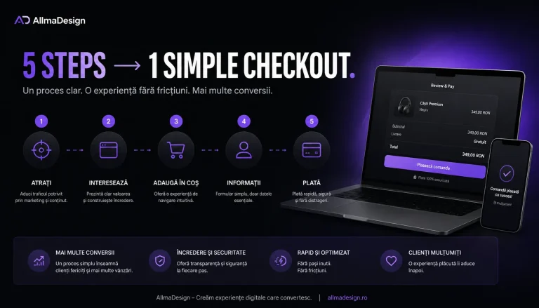 Optimizare checkout: Checkout perfect – cum reduci abandonul înainte de finalizarea comenzii 5 STEPS → 1 SIMPLE CHECKOUT.