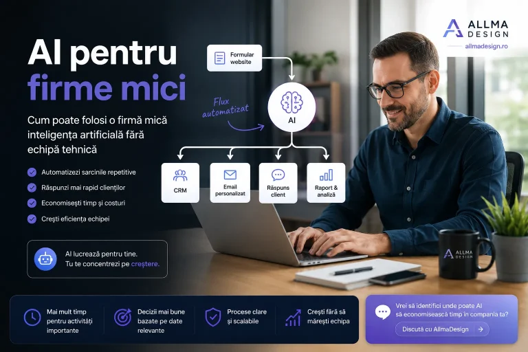 AI pentru firme mici – antreprenor care foloseste un flux automatizat bazat pe inteligenta artificiala