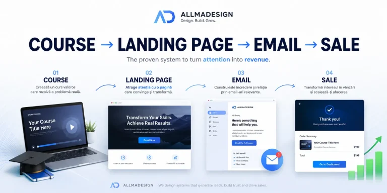 Cum vinzi cursuri online: de la website la funnel și automatizare COURSE → LANDING PAGE → EMAIL → SALE.