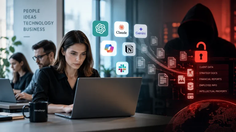 Shadow AI: riscul pe care multe companii îl ignoră când angajații folosesc instrumente AI fără reguli EMPLOYEES + AI TOOLS + DATA LEAK RISK.